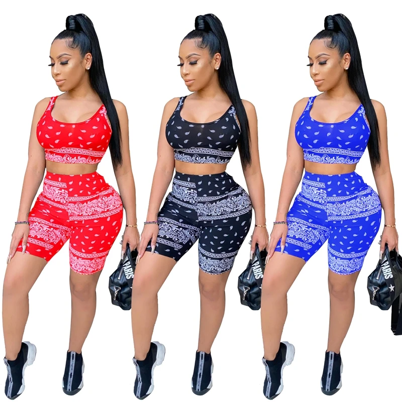 

2021 Women Outfit for Clothes Fitness Crop Top Biker Shorts Sweatsuit Summer Bandana Tracksuit Two Piece Lounge Matching Sets, Blue black red