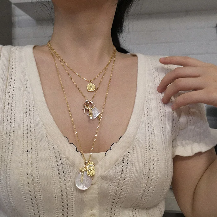 

ins long clavicle chain necklace with crystal cross pendant female French retro white shell square angel pendant letter necklace, Picture