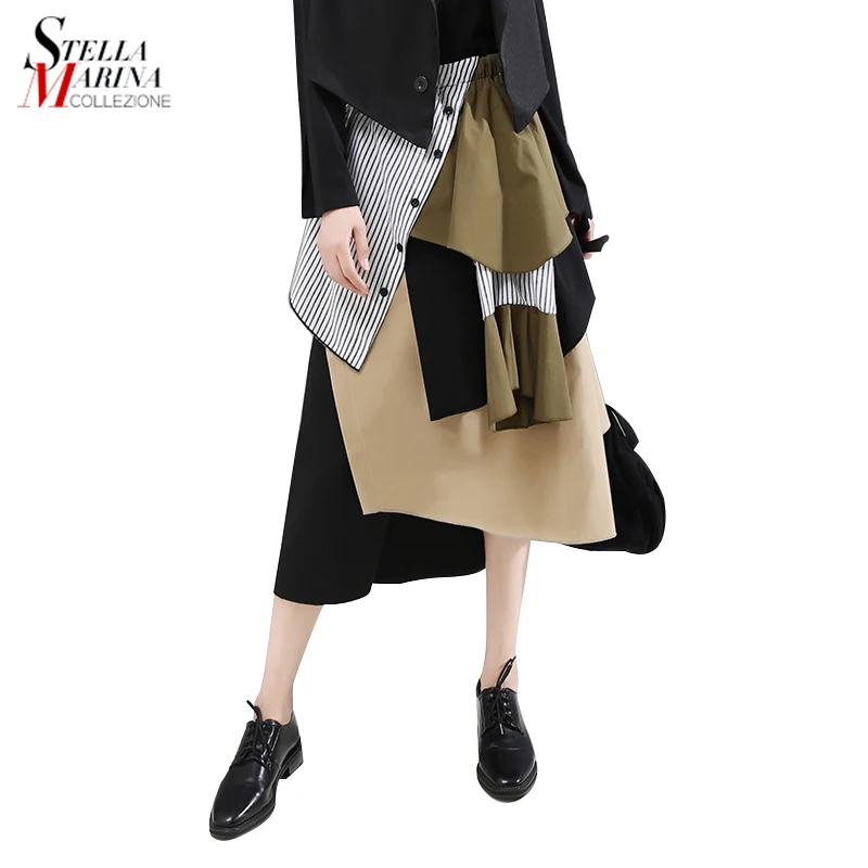 

2019 Womens Fashion Clothing Patchwork Skirt Elastic Waist Mid Calf Length Ladies Stylish Casual Asymmetrical Skirt 5401