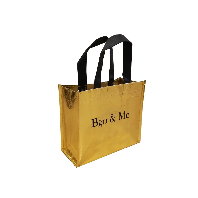 

Reusable Gold Metallic Shopping Tote Bags with Black Logo Eco Bags, Many colors to choose