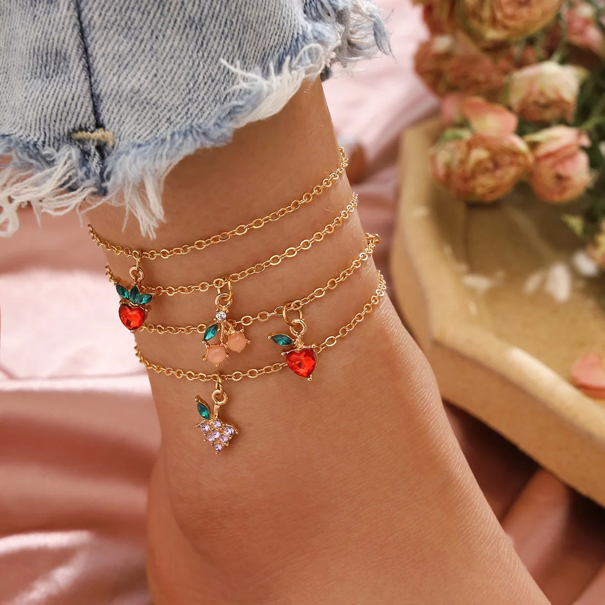 

Summer Diamond Fruit Apple Strawberry Cherry Grape Pendants Link Chain Foot Chain Ankle Bracelet Anklets for Women Girls, Gold