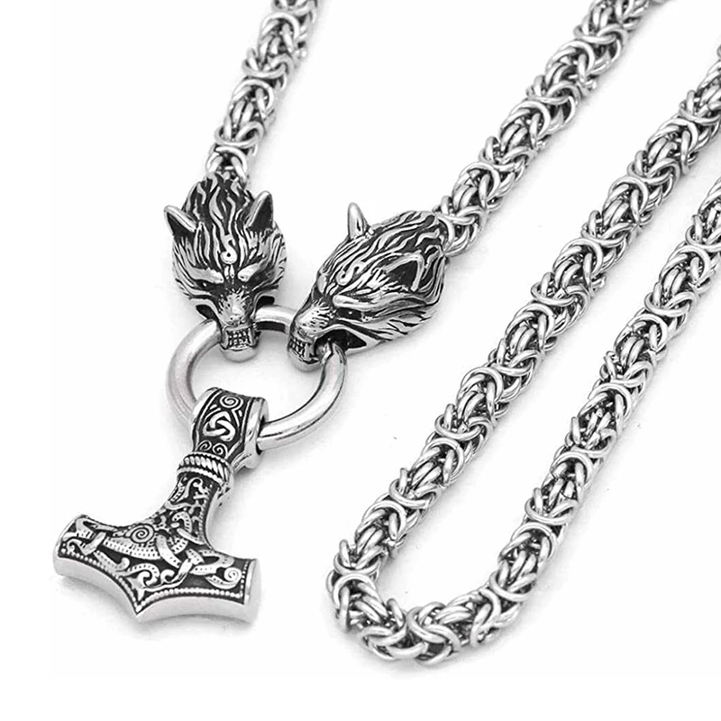 

Men Copper Dragon Head Norse Viking Jewelry Amulet Thor Mjolnir King Chain Necklace