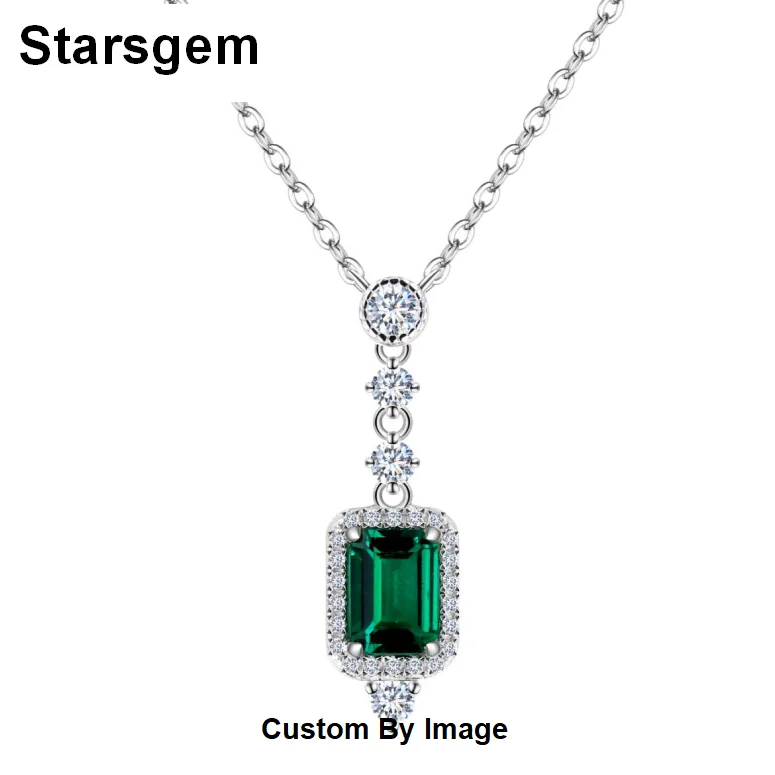 

Starsgem Ladies Girls Women 5*7MM Emerald Cut Emerald Silver Necklace