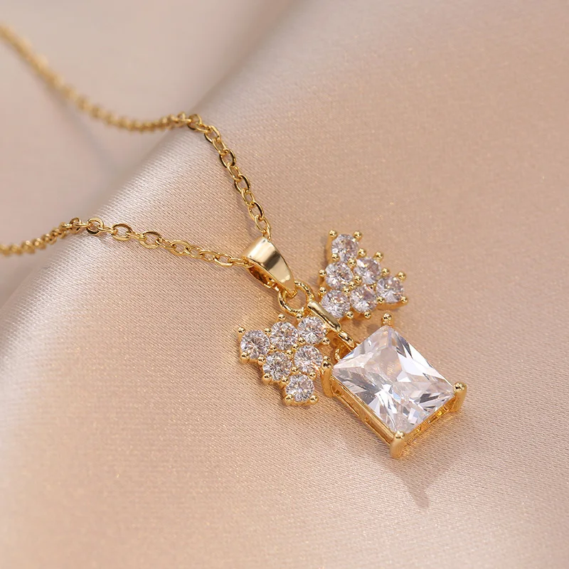 

Fashion Bow Geometric Gemstone Necklace Pendant Luxury Stainless Steel Necklace For Women