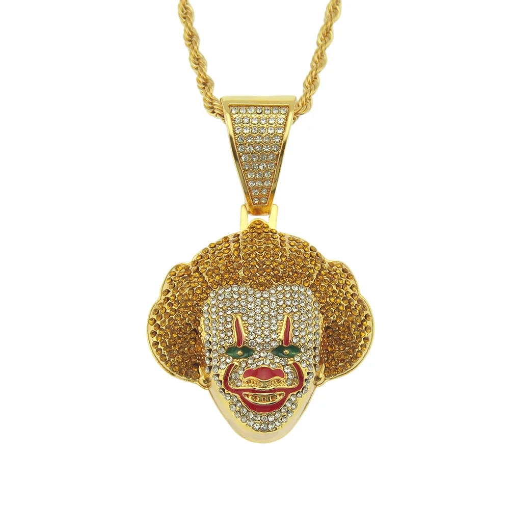 Hip Hop Iced Crazy Clown Pendant & 6mm Concave Cuban Link Chain 14K Gold Plated 