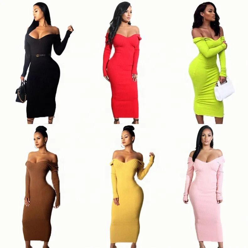 

2021 Autumn winter New women's medium and long solid color sweater pullover V-neck knit dress