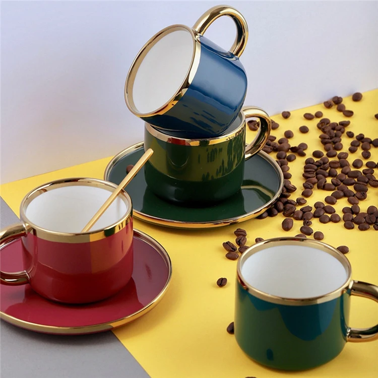 

Wholesale european style shiny glaze golden edge fancy porcelain espresso coffee cup with saucer, Customized color