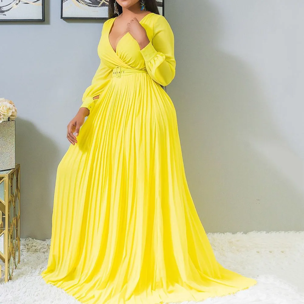 

2021 deep V cross-cut pleated front skirt solid color pleated large swing dress women's clothing, Picture color