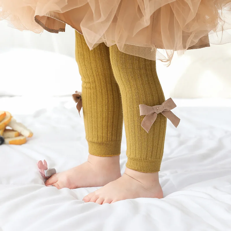 

6 Months - 6 Years Fashion Morandi Color Baby Girl 100% Cotton With Bow-knot Princess Style Leggings Thighs For Autumn