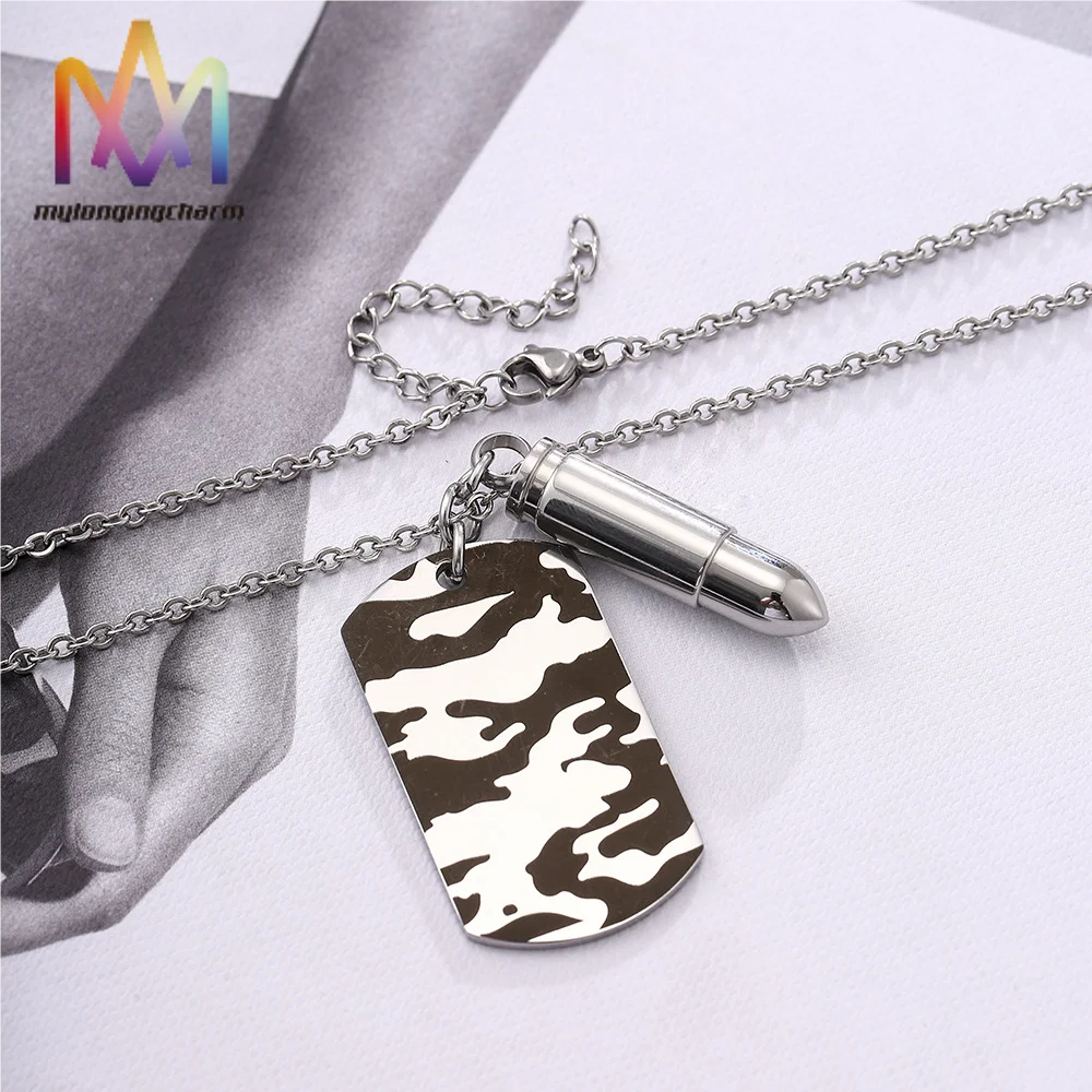 

Hip hop ins Personality Bullet Accessories Engraved Stainless steel dog tag Pendant necklace