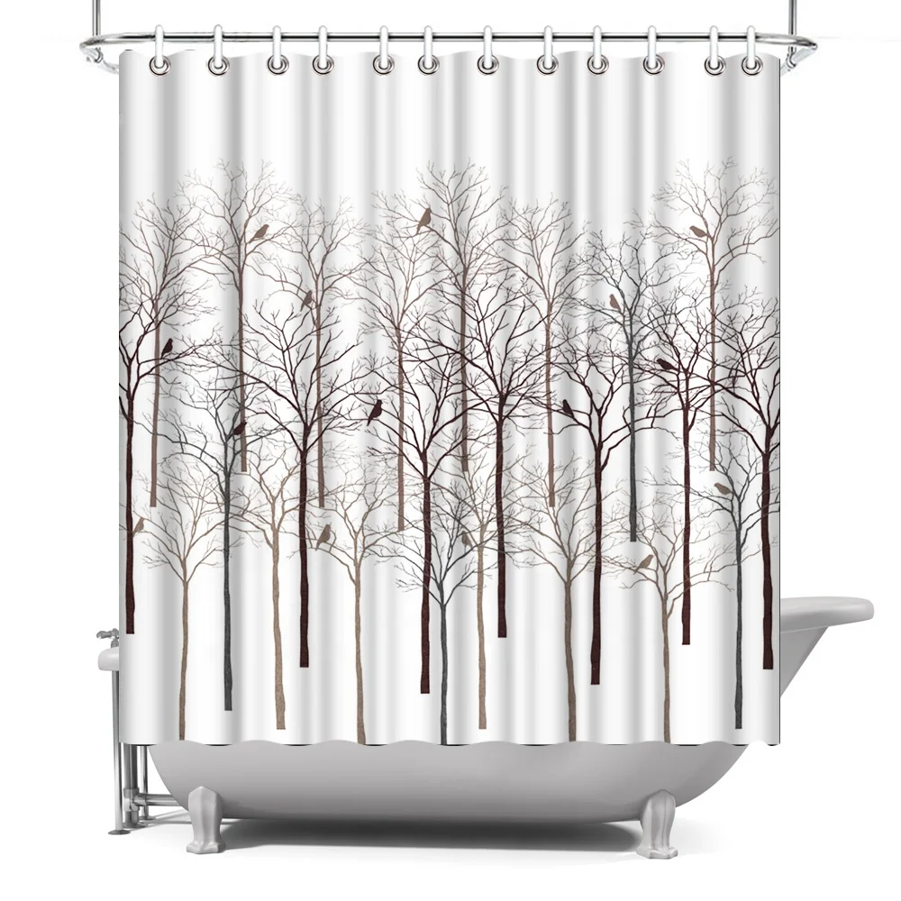 

Wholesale 100% Polyester White Cream Color Brown Trees Birds Plain Shower Curtain For Bath, Customized color