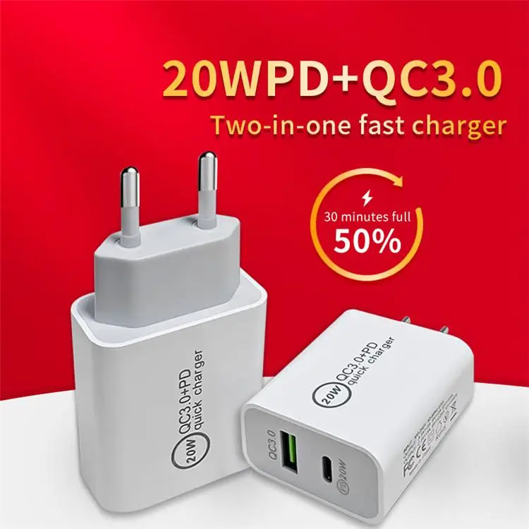 

2in1 PD 20w Charger For iPhone US UK EU Plug QC3.0 Fast Charging 20W pd wall charger USB C Charger Adapter Supercharger