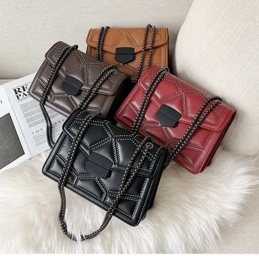 

Rivet Chain Small Crossbody Bags For Women 2020 pu leather fashion design Shoulder Simple Bag Lady Luxury Handbags, As picture show