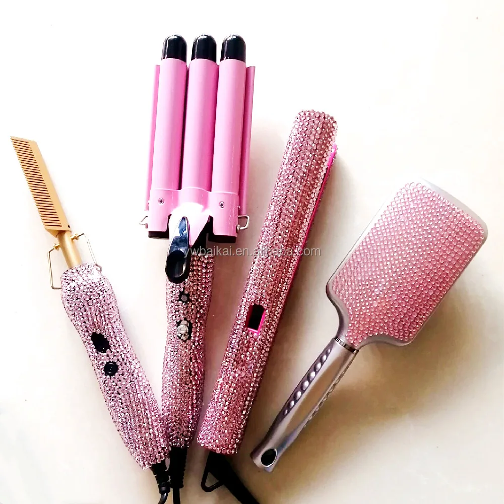 

Hot sale hot hair tools set bling triple barrel curling hair crimping iron professional hair straightener iron