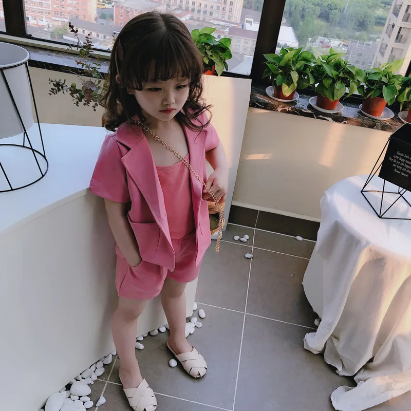 

p9182 spring new arrival infant baby girls blazer suit jacket vest shorts 3 pcs clothing set toddler child casual outfit