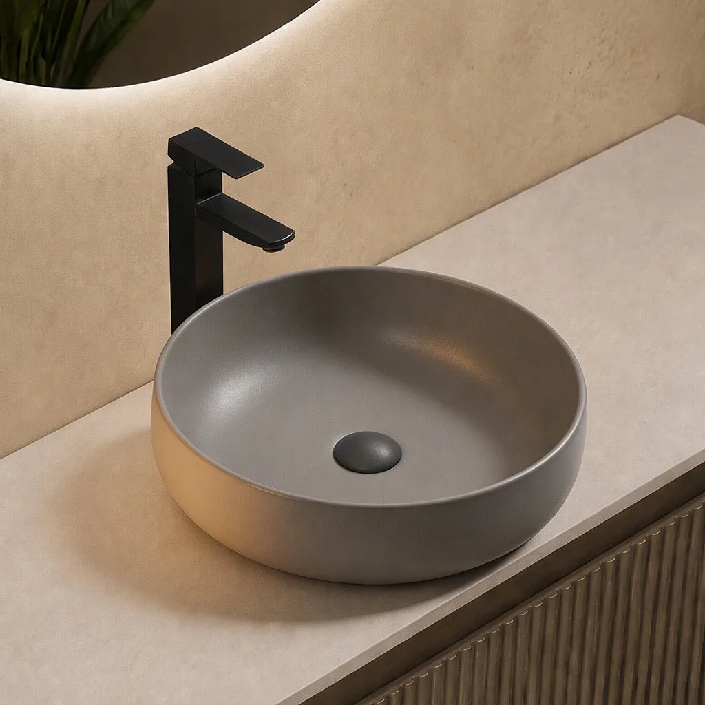 colored-sinks-bathroom-9841-MT-011-matte-cement-grey-circular-vessel-basin-secondary-glaze-process-matte-black-tall-mixer colored-sinks-bathroom-9841-MT-011-matte-cement-grey-circular-vessel-basin-secondary-glaze-process-matte-black-tall-mixer
