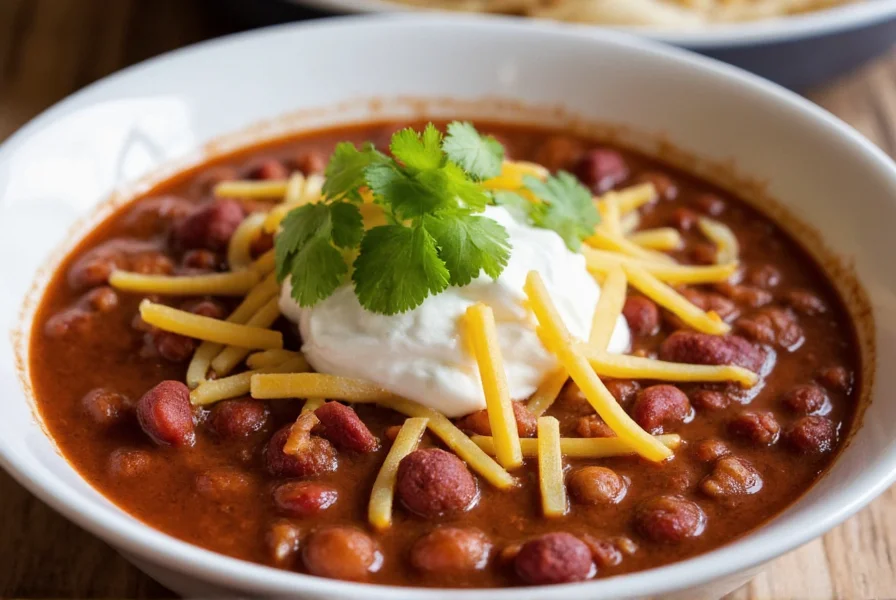 Bowl of chili topped with sour cream, shredded cheese, and fresh cilantro