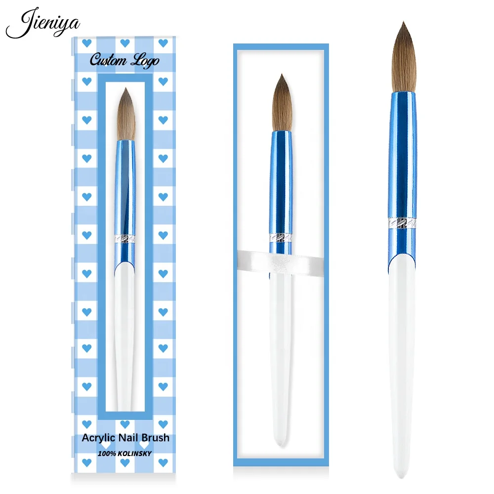 

Jieniya Nail supplies Manufacturer Wholesale Blue and white metal handle 100% Pure Kolinsky Sable Acrylic Nail Art Brushes Brush