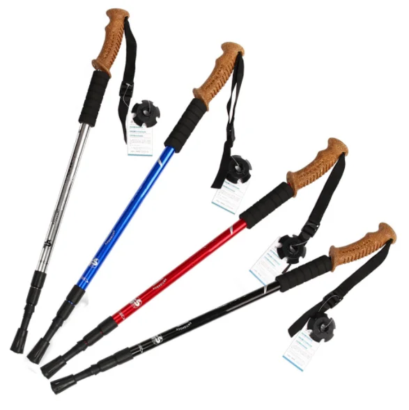 

outdoor aluminium cork grip anti-shock trekking poles 3 sections free expansion anti-slip hiking walking sticks, Black,red,blue,gray,purple