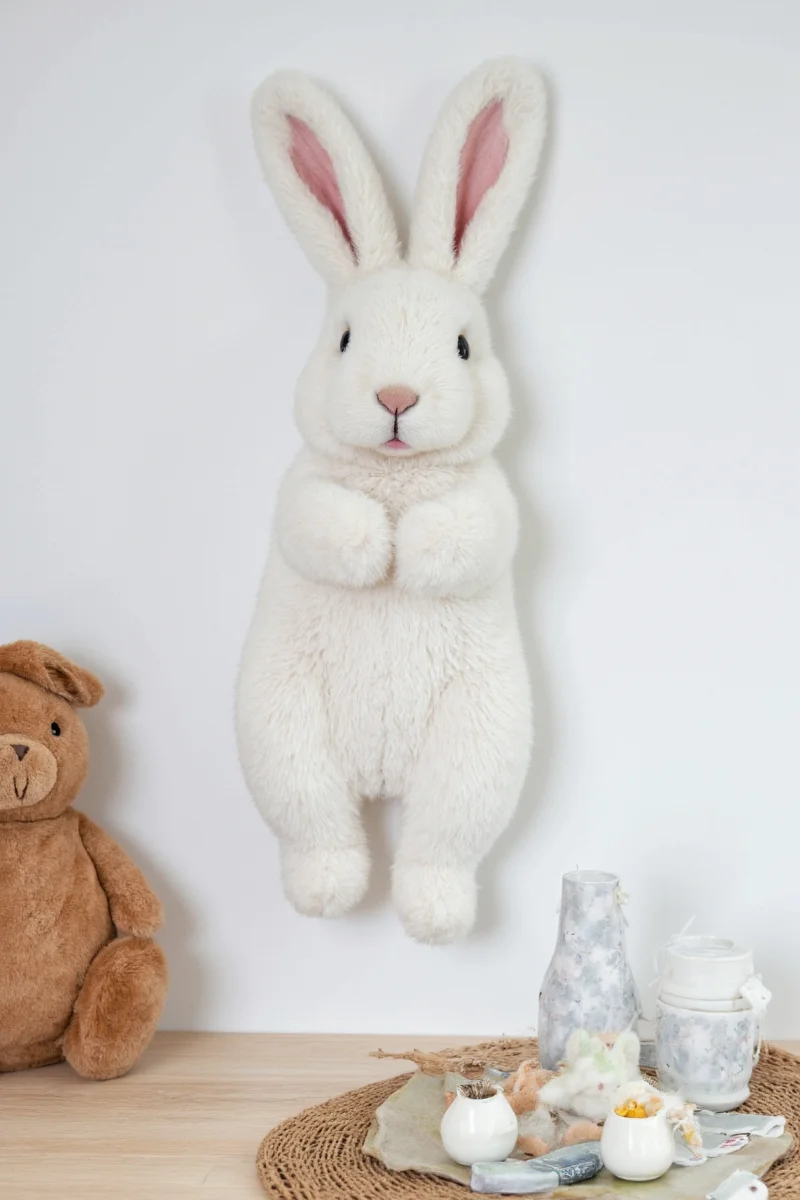 A wall painted in pastel pink next to a gray armchair with bunny-shaped throw pillows
