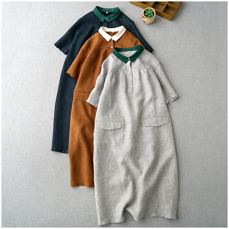 Boutique Wholesale 2026 Summer New Style Temperament Colored Collar Linen Short Sleeve Art Versatile Women's Dress