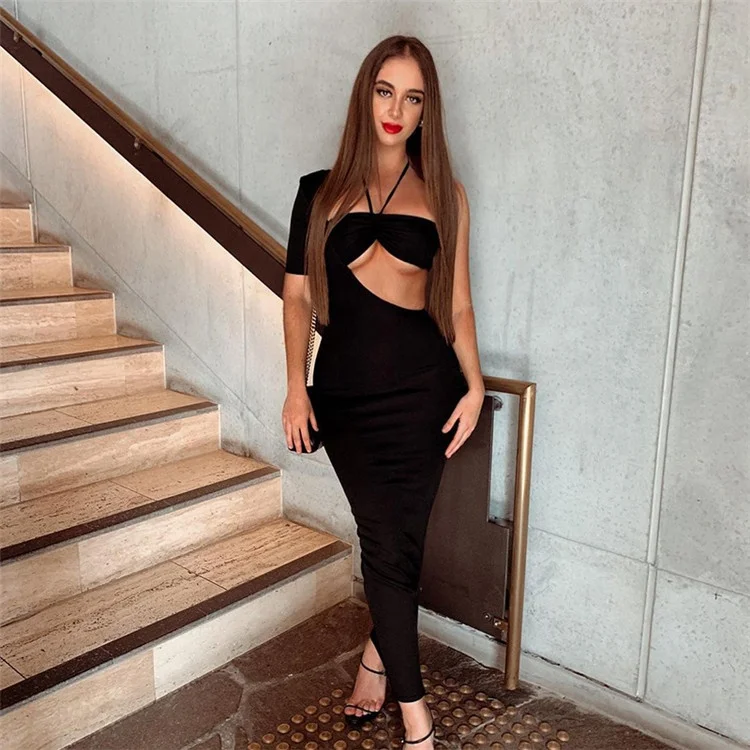 

New Fashion Lady One Shoulder Short Sleeve Showing Waist Evening Club Party Midi Dresses
