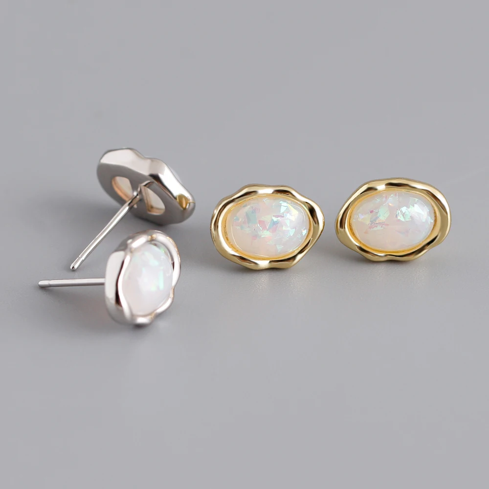 Fashion 925 Sterling Silver Synthetic White Opal Gold Plated Stud Earring Jewelry for Women