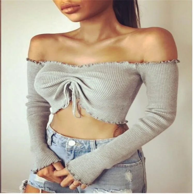 

Wholesale Women Off Shoulder Long Sleeve Sexy Blouse Crop Top, Customized color