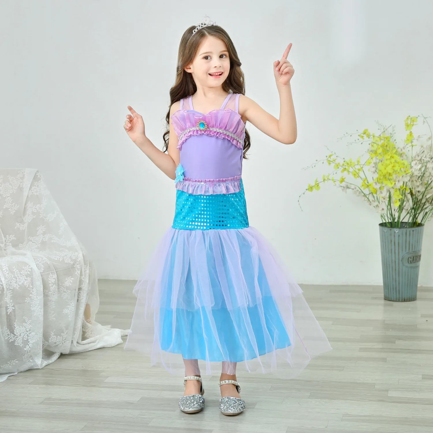 

MQATZ Children's mermaid princess girls skirt little girls summer new cotton short-sleeved puff sleeve dress, Green