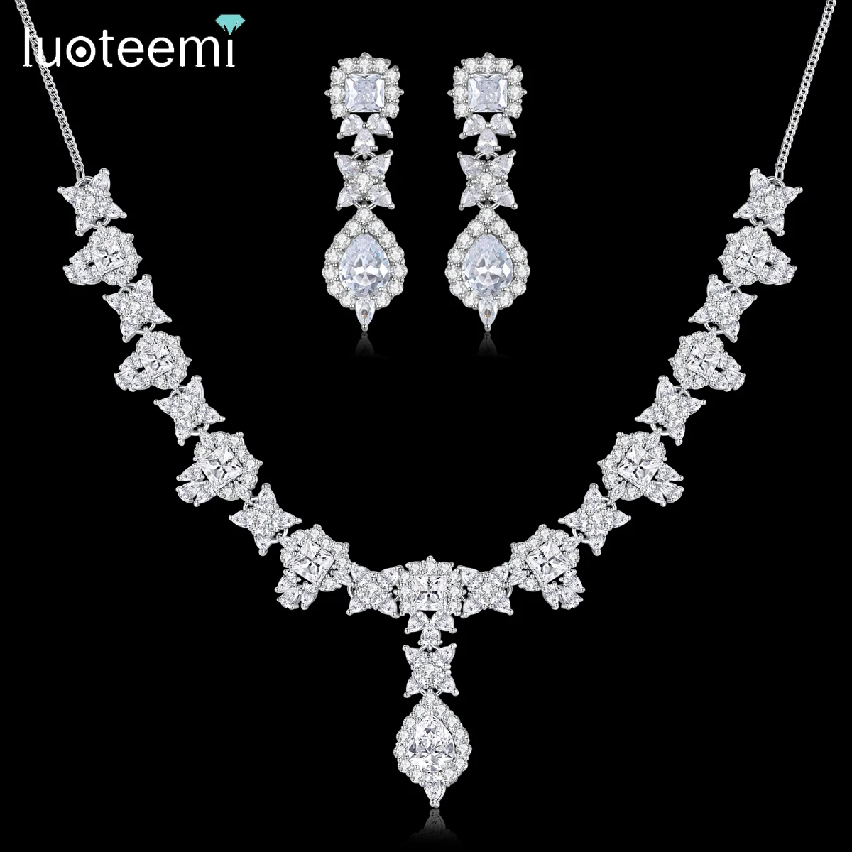 

LUOTEEMI Fashion Set Woman Necklace Lady Wedding Elegant Earring Designer Bridal Earing Flower Jewelry