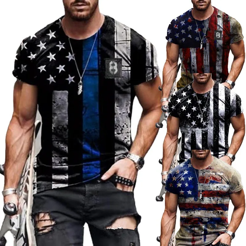 

BJ003 2021 Summer American Flag Print Men's Casual mens shirts streetwear clothing