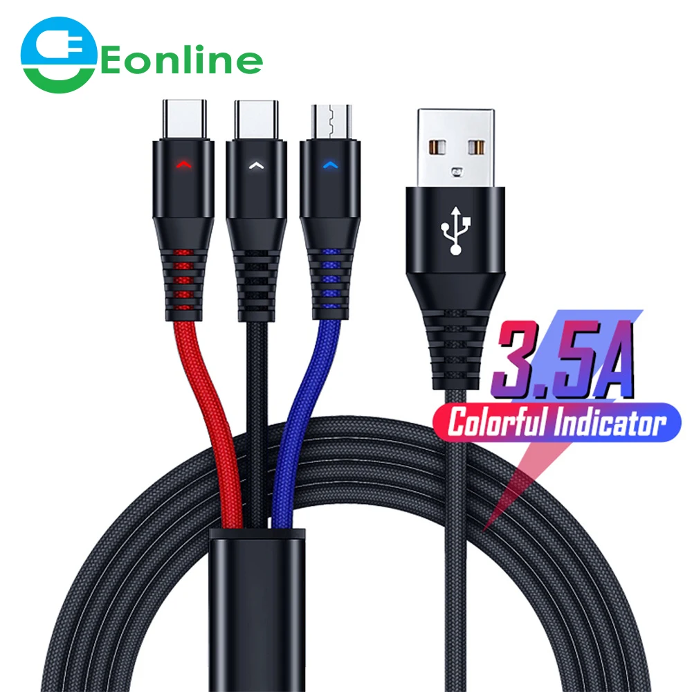 

Eonline Micro USB Cable 3 In 1 Type C Charger Micreusb Cable Type-C LED Universal Mobile Phone Charging Wire for Xiaomi Samsun, Black& red&blue