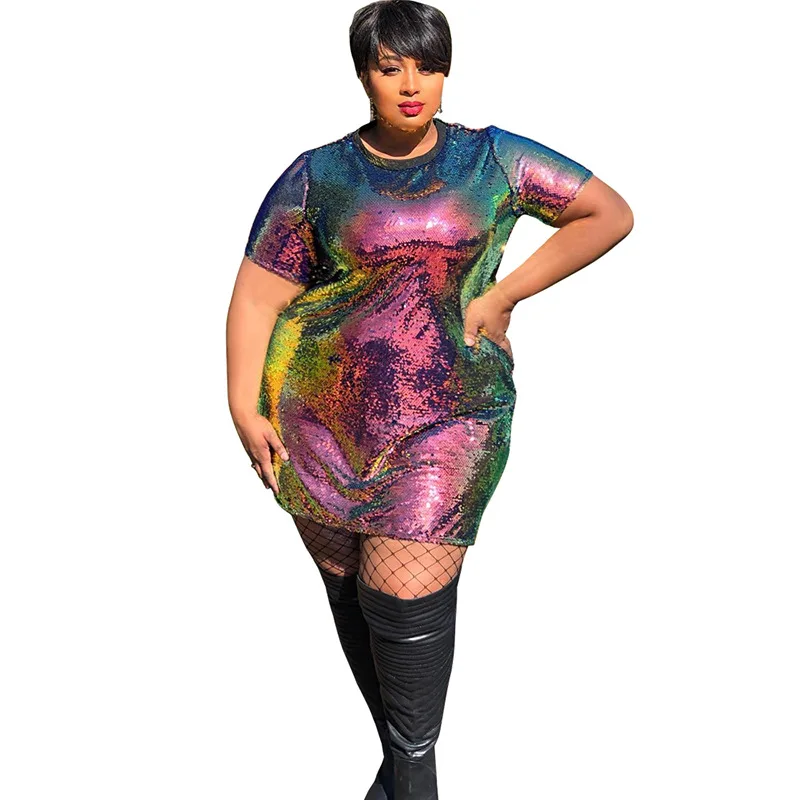 

Short sleeve round neck women's casual dress color Sequin Knee Length Dress Large Size Women's wears, Color beads