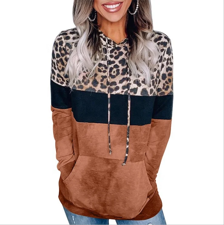 

2021 Best Selling autumn winter long sleeve leopard splicing women brown hoodie, As picture