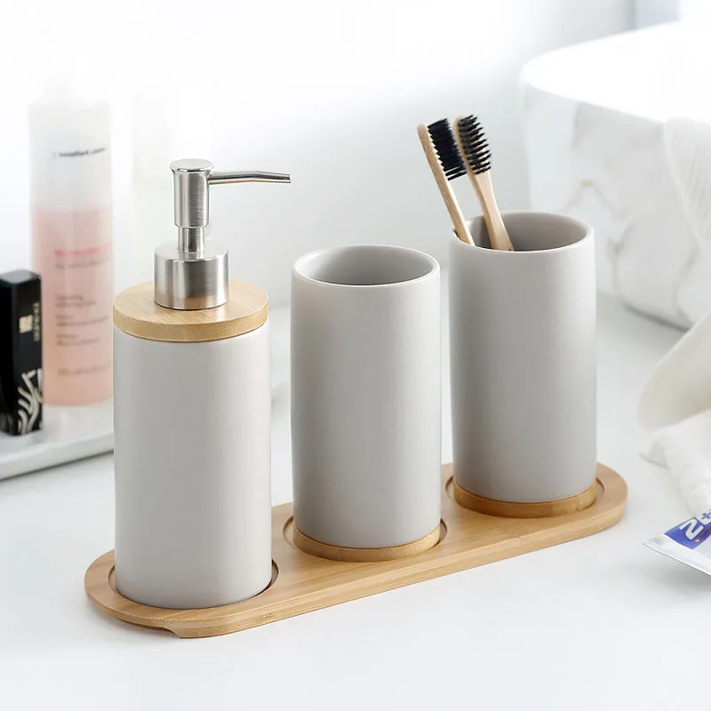 

Classic Eco-friendly Natural Bamboo Washroom Accessories 4 Piece Grey Wooden Bath Decoration Set Soap Dispenser