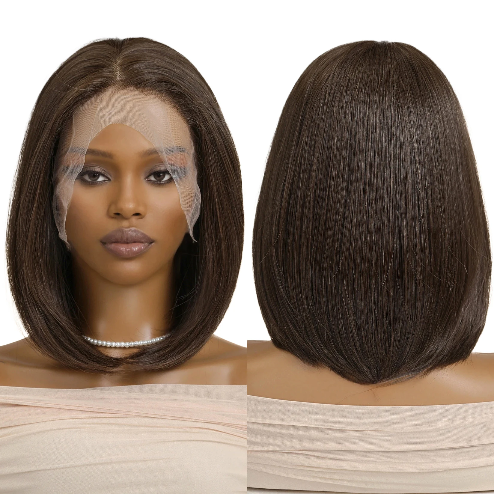 13x6 Lace Wigs Medium Brown Short BOB WIgs for Women Daily Party Heat Resistant Fiber Wigs with Dark Root