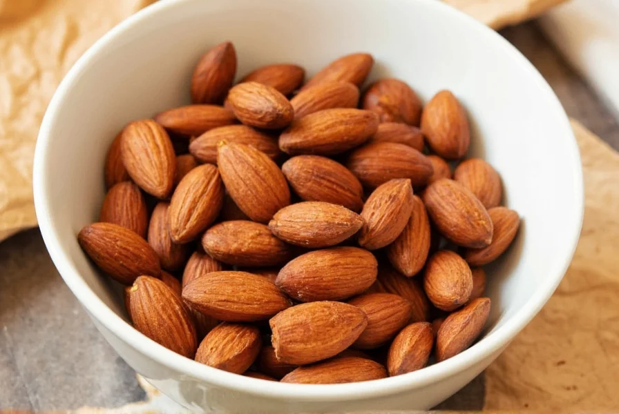 Close-up of golden brown cinnamon roasted almonds in a glass bowl on wooden table