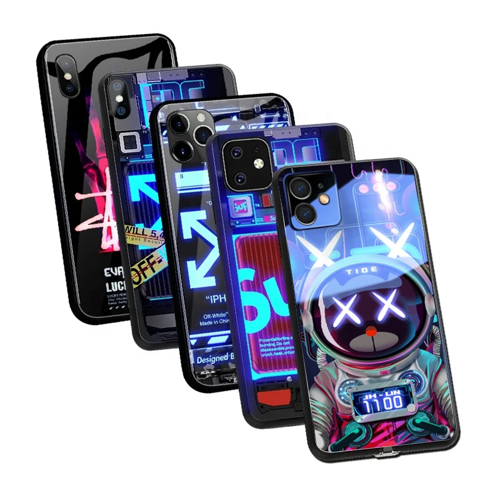 

New Fashion 3D Cute Mobile Back Cover Glitter Flash Light Up Glass Anime Cell Designer Phone Case for Iphone 13 Case, Multi styles
