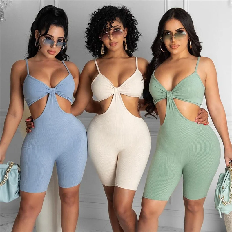 

New Spaghetti Strap Solid Skinny Backless Bodysuits For Women Hollow-Out Folds Sleeveless Bodycon Short Jumpsuit Women Bodysuits