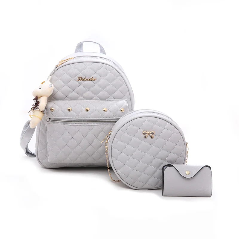 

2018 New Fashion 3pcs/set Women Backpack PU Leather Backpack for Teenager Girls Shoulder Bag Student Geometric School Bags, Gery/black/white/pink