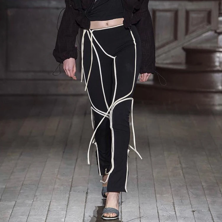 

Streetwear Casual 2021 Office Lady Bandage Patchwork Black Tight Women'S Trousers High Wasit Pants Women, Black & khaki