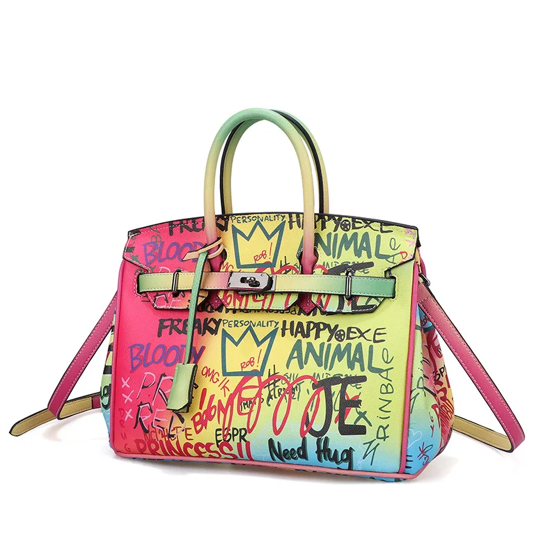 

Dropshipping Fashionable Ladies Handbag Colorful Letters Graffiti Lock Buckle Zipper One Shoulder 2021 Handbags For Women