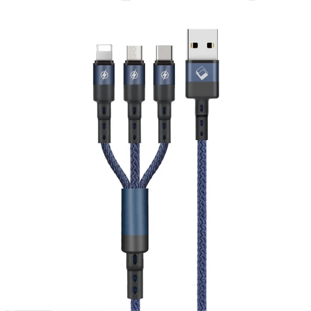 

3 in 1 Multi Nylon Braided Charger Cable Type C Mobile Phone Fast Charging USB Multiple Connector For 8pin Android v8, Black/cyan/red/blue