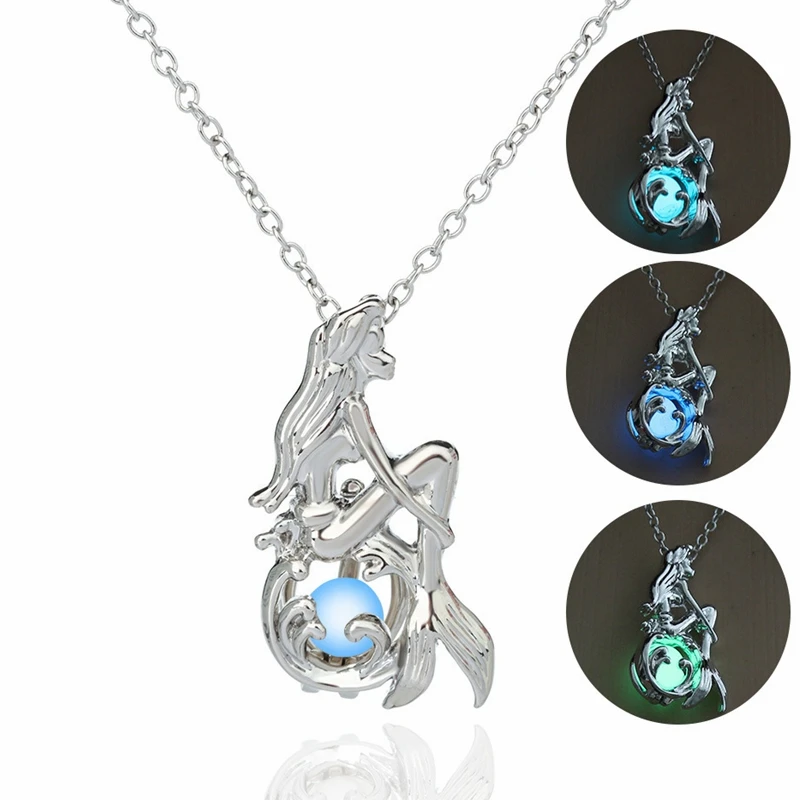 

Wholesale Fashion Women Girl Glow In The Dark Pendant Necklace Halloween Gifts Luminous Mermaid Necklace, Sky blue/blue green/yellow green