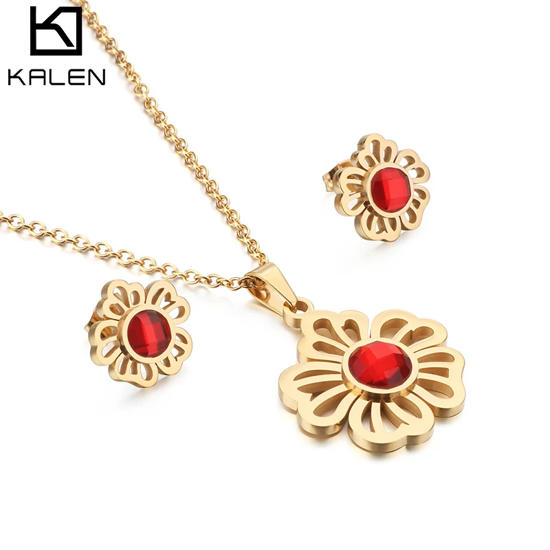 

Classic Elegant Women Flower Earrings Red Zircon Jewelry Stainless Steel Necklace, Gold/rose gold/silver