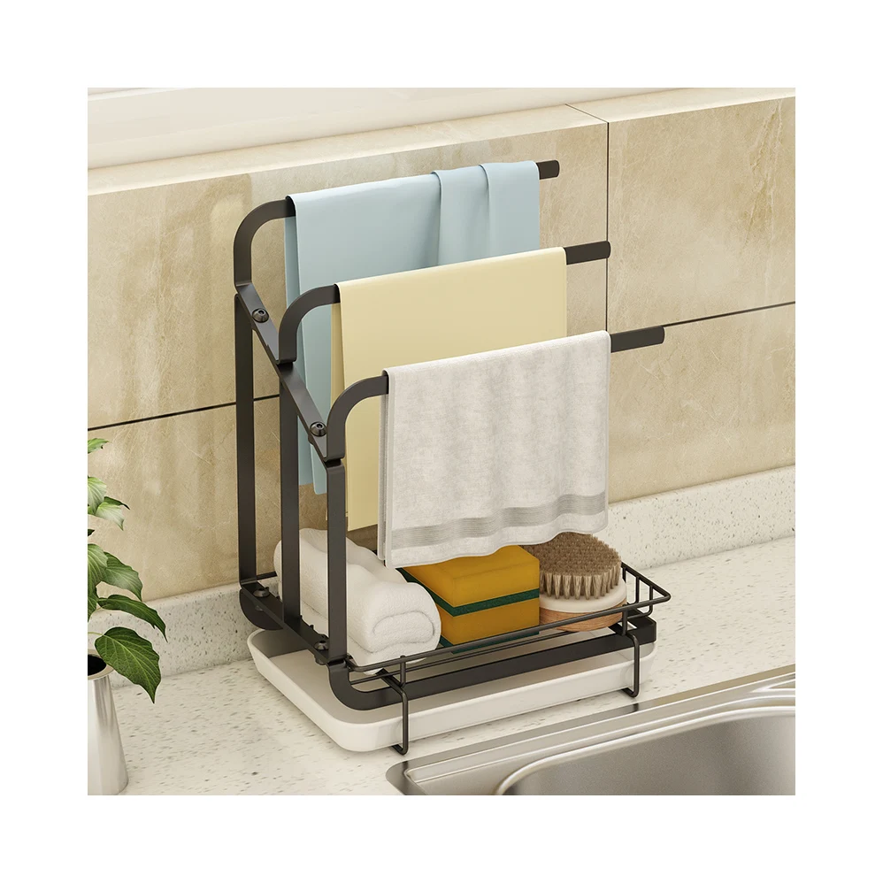 

kitchen storage rack metal sponge organizers iron bowl drying plate with tray drain 3 hanging dish towel holders rag holder