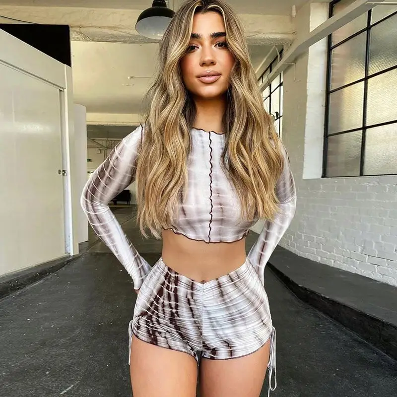 

HS Clothing vendors women fashion suit long sleeve t-shirt and drawstring shorts two piece short set
