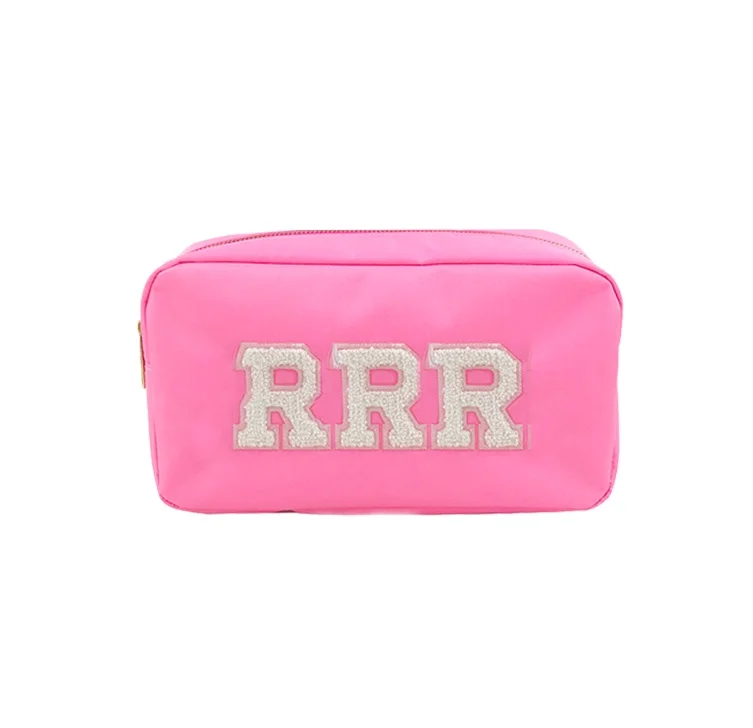 

Pink towel embroidered storage travel nylon wash travel Zipper Women Makeup Bag