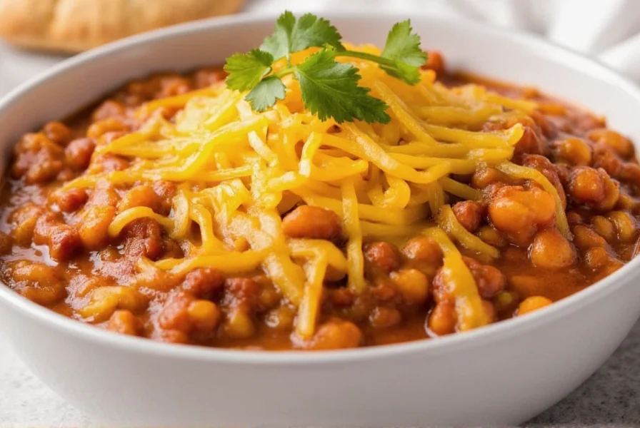 Finished bowl of chili mac served in white ceramic dish with melted cheddar cheese topping and fresh cilantro garnish