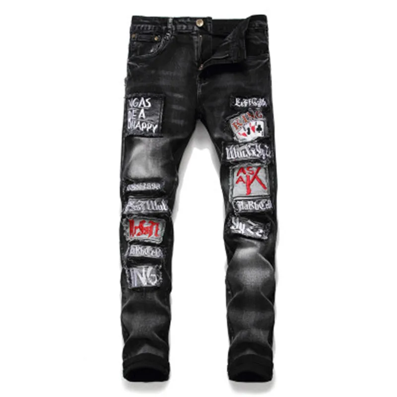 

Men's new Fashion casual Personality Embroidered Beggar Jeans Street Hip Hop Ripped Slim Men's Denim Pants, Customized color